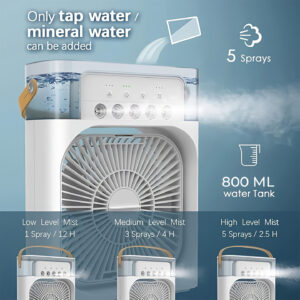 Portable 9-Inch Misting Fan with Large Water Tank - Rechargeable USB Desk Cooling Fan, 3 Speeds, Mist Humidifier & 7 Colorful LED Lights