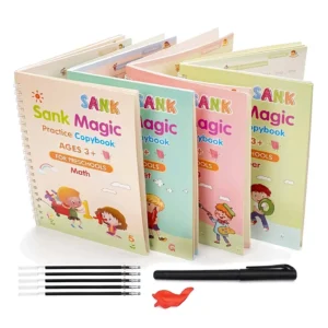 4-in-1 Sank Magic Book for Kids | Reusable Handwriting & Learning Practice Set with 4 Activity Books, Magic Pen, Refills & Grip | Montessori Educational Tool