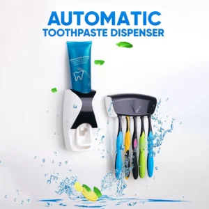 Automatic Toothpaste Dispenser & Toothbrush Holder Set – Hands-Free Wall-Mounted Bathroom Organizer (Fits Most Toothpaste Tubes, Holds up to 5 Brushes, No Drilling)