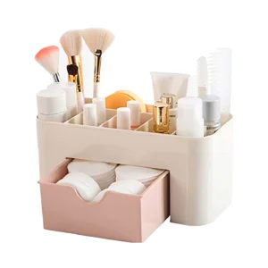 Plastic Makeup Organizer with Drawer – Desktop Cosmetics & Brush Storage Box with Multi-Compartment Division for Vanity, Office Desk & Stationery