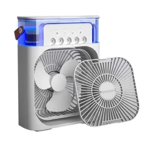 Portable 9-Inch Misting Fan with Large Water Tank - Rechargeable USB Desk Cooling Fan, 3 Speeds, Mist Humidifier & 7 Colorful LED Lights