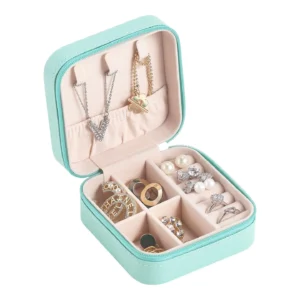 Square Mini Jewellery Box | Travel-Friendly PU Leather Jewelry Organizer with Necklace Hooks, Ring Grooves & Removable Partition