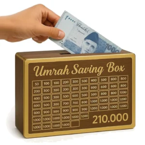Umrah Saving Box – Premium Wooden Money Box for Umrah Fund | Save PKR 210,000 in 280 Days | Islamic Gift for Pilgrimage Motivation