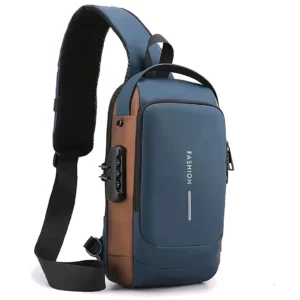 Anti-Theft USB Charging Crossbody Shoulder Bag for Men and Women Waterproof Multifunction Sling Backpack with Lock, Travel and Daily Use (Blue and Brown)