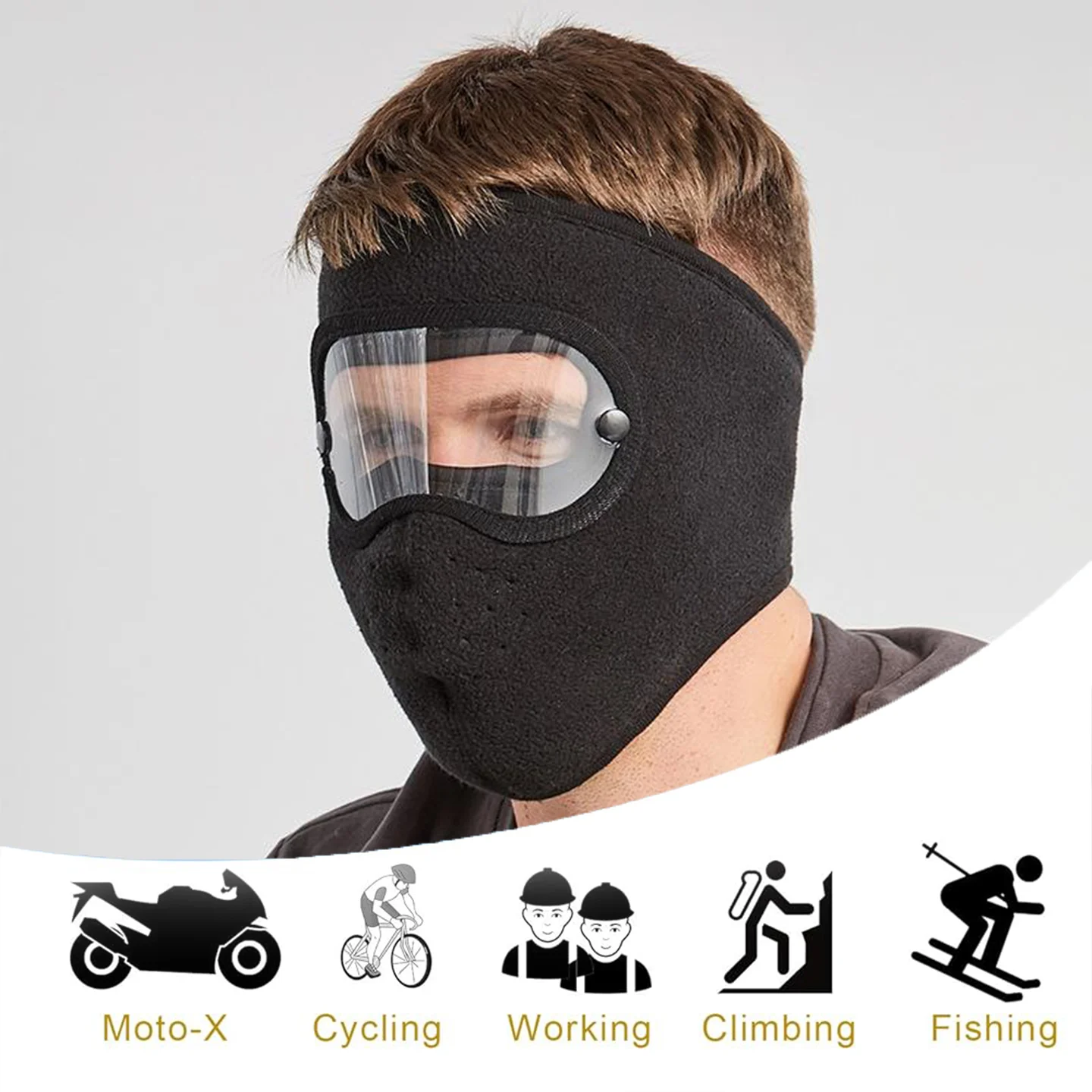 BLACK Windproof Winter Full Face Mask with Anti-Dust & Fog Goggles Polar Fleece Balaclava for Skiing, Cycling, Snowboarding and Outdoor Sports