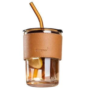 Bamboo Joint Glass Cup with Lid & Straw 13oz Can-Shaped Tumbler with Leather Sleeve