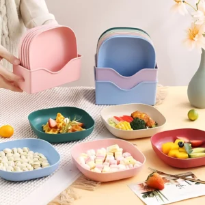 Food Grade Plastic Dining Plates Set 10 Pcs Multi Function Elliptical Snack Breakfast Dinner Plates with Storage Stand Lightweight Durable Easy to Clean 1