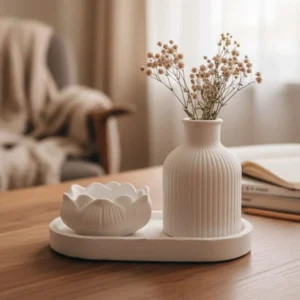 Handmade White Gypsum Oval Tray Set with Lotus Flower Holder and Ribbed Vase Minimalist Home Decor for Dried Flowers 0