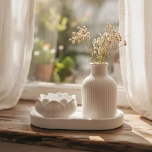 Handmade White Gypsum Oval Tray Set with Lotus Flower Holder and Ribbed Vase Minimalist Home Decor for Dried Flowers