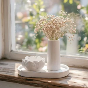 Handmade White Gypsum Oval Tray Set with Lotus Flower Holder and Ribbed Vase inimalist Home Decor for Dried Flowers 1