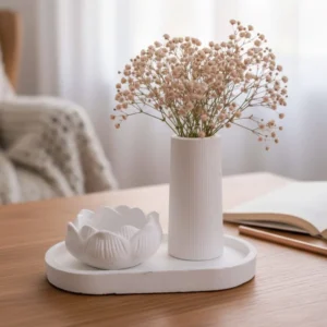 Handmade White Gypsum Oval Tray Set with Lotus Flower Holder and Ribbed Vase | Minimalist Home Decor for Dried Flowers