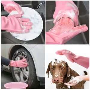 Reusable Silicone Washing Gloves with Built In Scrubber for Kitchen Bathroom Car and Multipurpose Cleaning 1 × Pair Random Color 2