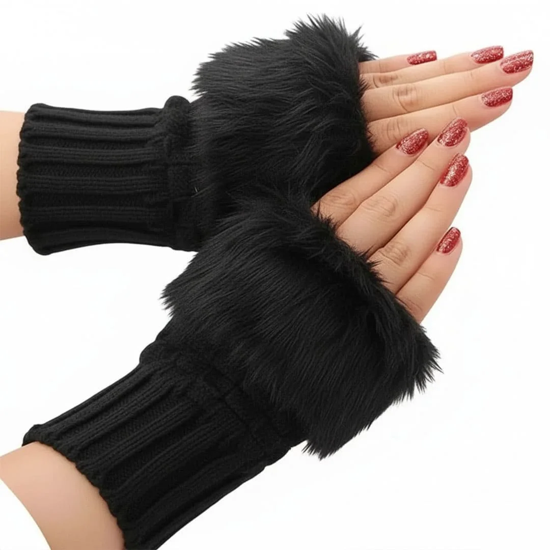 Womens Faux Fur Fingerless Knitted Gloves Warm Winter Hand Wrist Warmers Soft Stylish Comfortable black