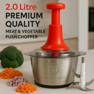 2000 mL Manual Stainless Steel Food Chopper with 4 Curved Blades Hand Press Meat Vegetable Cutter Portable Food Processor Bowl Easy to Clean 1
