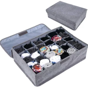 24 Cells Underwear & Sock Drawer Organizer with Lid | Foldable Non-Woven Fabric Closet Storage Box Divider for Ties, Scarves, Lingerie, Belts & Accessories (Random Colors)