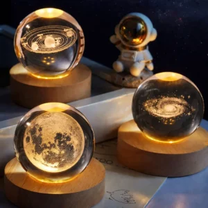 3D Galaxy Space Crystal Ball Night Light with Wooden LED Stand | USB Decorative Table Lamp | Random Designs