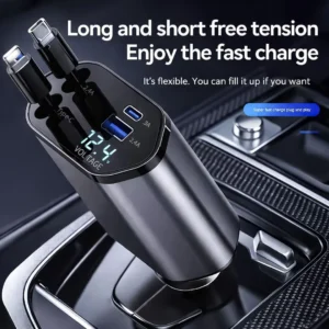 4 in 1 Retractable Car Charger 100W Fast Charging Dual USB USB C PD Car Phone Charger Multi Device Car Adapter for iPhone Samsung Android Fast Car Charger with Retractable Cable 1