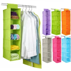5 Shelf Hanging Closet Organizer | Foldable Wardrobe Storage, Space Saver Clothes Organizer for Closet, Durable Fabric with Plastic Support