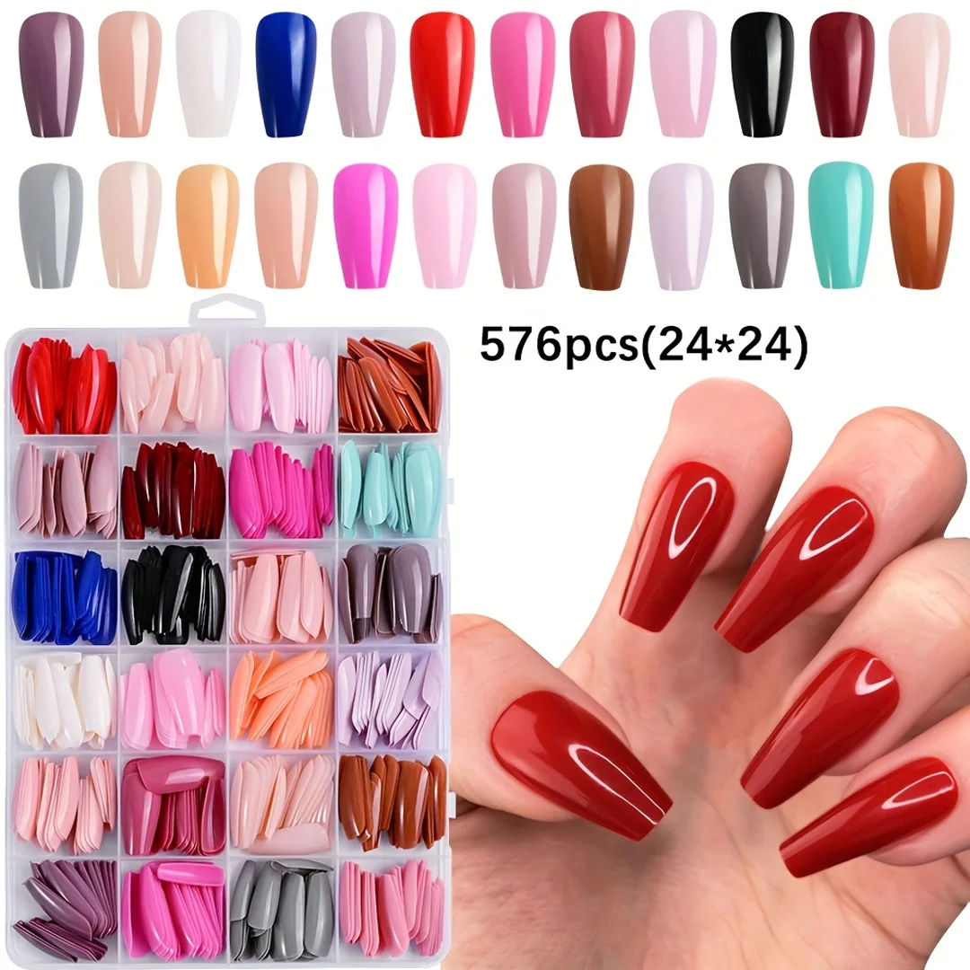 576 Pcs Multicolor Acrylic Artificial Nails Kit | 24 Shades Full Cover Press On Nails with Glue | 12 Sizes Fake Nails Set | Reusable ABS Nail Tips for Women, DIY Nail Art & Salon Use - Image 2