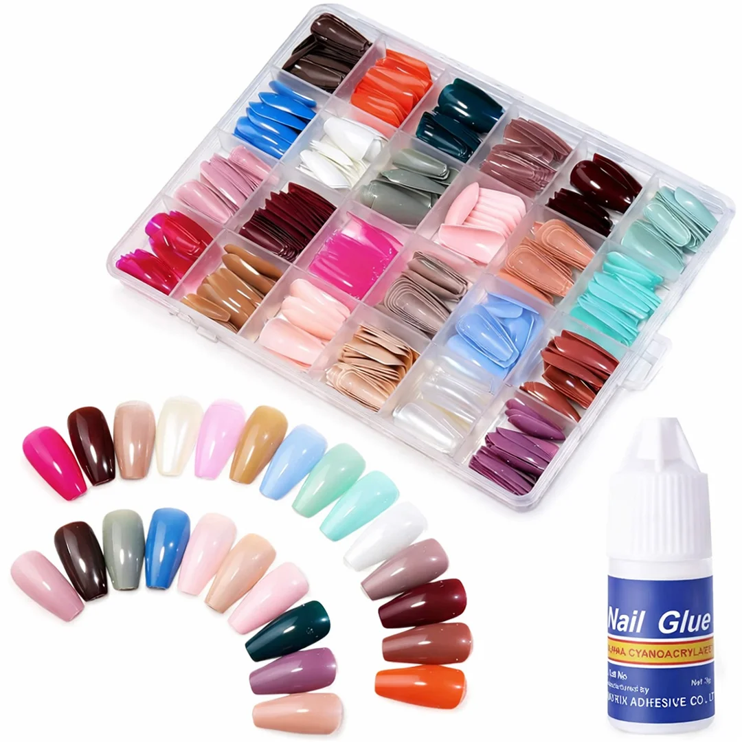 576 Pcs Multicolor Acrylic Artificial Nails Kit 24 Shades Full Cover Press On Nails with Glue 12 Sizes Fake Nails Set Reusable ABS Nail Tips for Women, DIY Nail Art & Salon Use