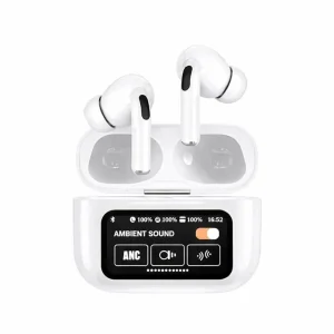 A9 Pro ANC Bluetooth 5.4 Wireless Earbuds with Smart Screen and Active Noise Cancellation (Black/White)