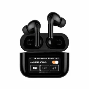 A9 Pro ANC Bluetooth 5.4 Wireless Earbuds with Smart Screen and Active Noise Cancellation (Black/White)