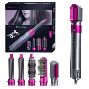 High Quality 5 In 1 Hair Styler Brush | Hair Straightener, Curler, Blow Dryer & Volumizer | Negative Ionic Electric Air Wrap With Detachable Brush Heads