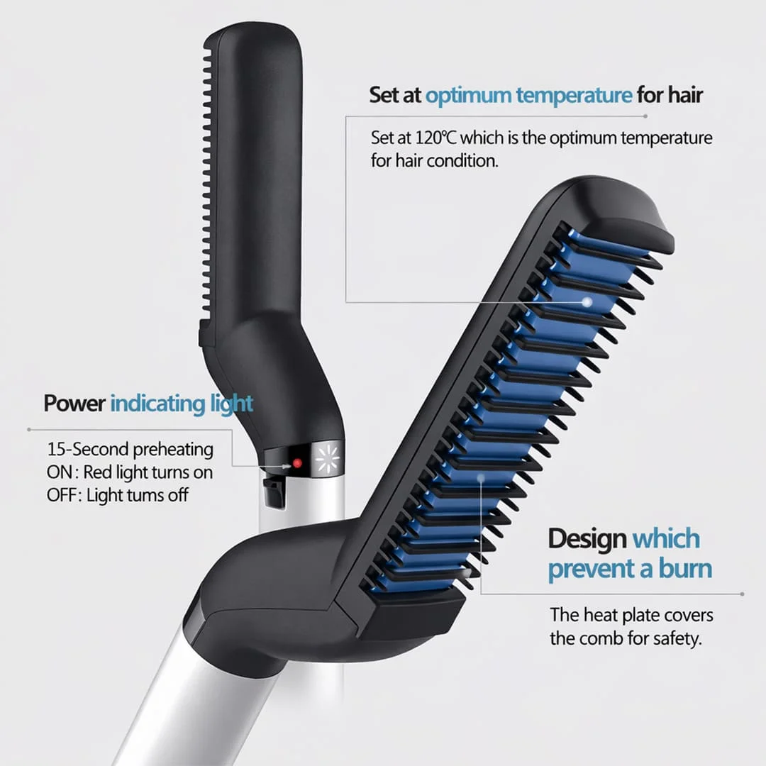 Men’s Hair & Beard Straightener Comb | Electric Multifunction Styling Brush with Quick Heating Ceramic - Image 7