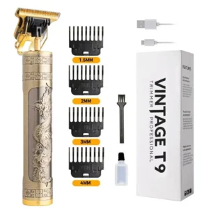 Vintage T9 Premium Cordless Hair & Beard Trimmer | Metal Body, USB Rechargeable, T-Blade, Guide Combs 1.5/2/3/4 mm | Dragon Design