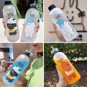 We Babe Bears Water Bottle with Lid and Straw 1000ml Cute Juice Bottle Frosted Water Bottles with Straw Daisy Milk Cup Smoothie Cups Include 2 Lids 1