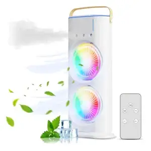 Portable Double Head Mist Fan USB Rechargeable Mini Air Cooler Humidifier with LED Light, 3 Speed Oscillating Desk Fan for Home, Office & Travel