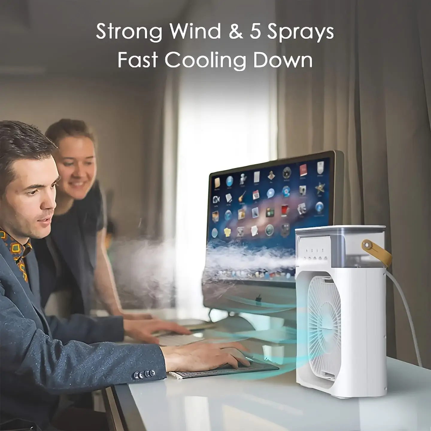 10 Inch Portable Mist Fan | 3-in-1 USB Air Cooler with Humidifier & LED Lights | USB Mini Air Conditioner Fan with Water Mist & Humidifier Function | 3 Speed Rechargeable Cooling Fan | Random Color - Image 6