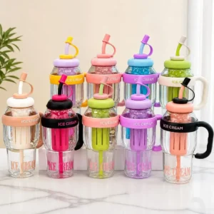 1400ML Ice Cream Water Bottle with Straw Tea Infuser Leakproof Kids Sippy Cup Large Gym Bottle Pakistan Cute Summer Drink Bottle Random color 1