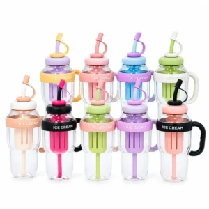 1400ML Ice Cream Water Bottle with Straw & Tea Infuser | Leakproof Kids Sippy Cup, Large Gym Bottle Pakistan, Cute Summer Drink Bottle | Random color