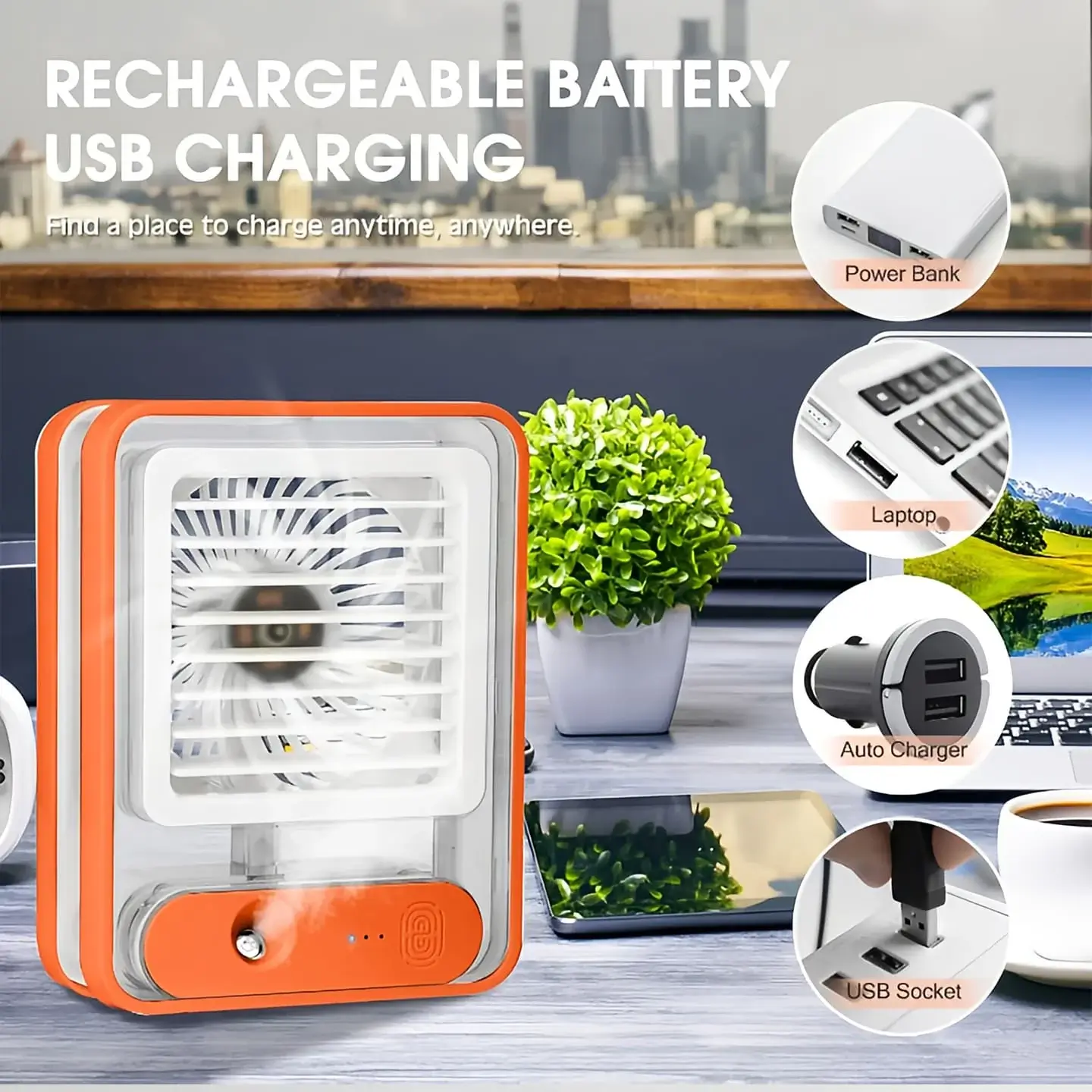 Portable USB Air Cooler Fan 3 Speed, Mist Spray, Rechargeable with Built in LED Light for Home, Office & Travel (Random Color) - Image 4